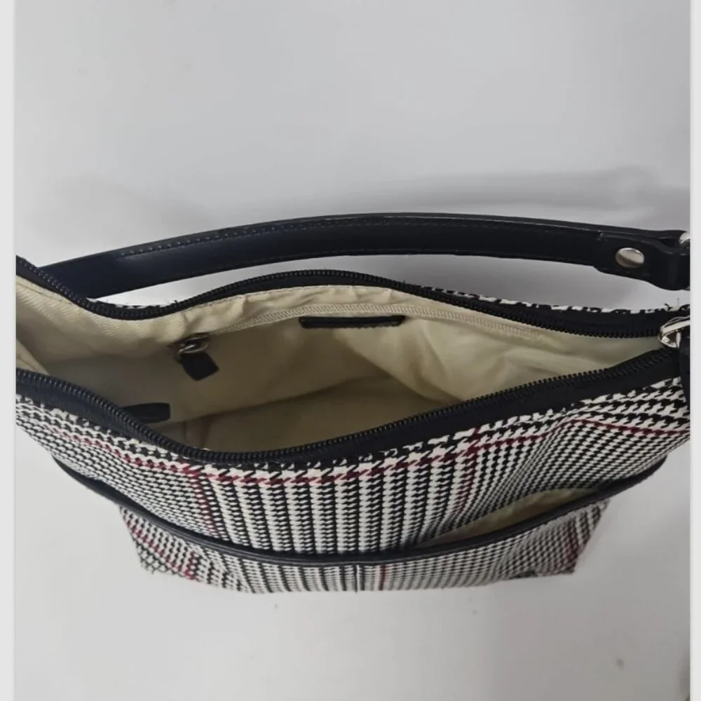 Ralph Lauren Houndstooth Plaid Shoulder Bag Purse Black White Red Hobo Satchel - Picture 5 of 5